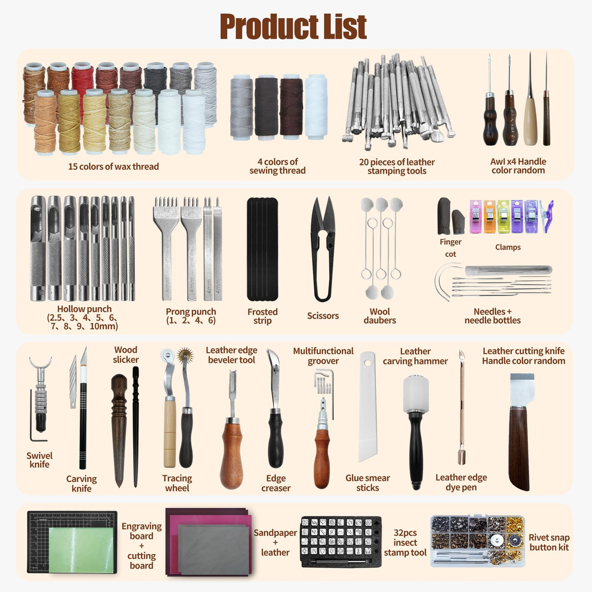 Runfider 588PCS Leather Working Tool Set, professional tools for leather craft enthusiasts beginners, contains a variety of carving, cutting, punching, sewing and stamping tools to meet all your needs runfider