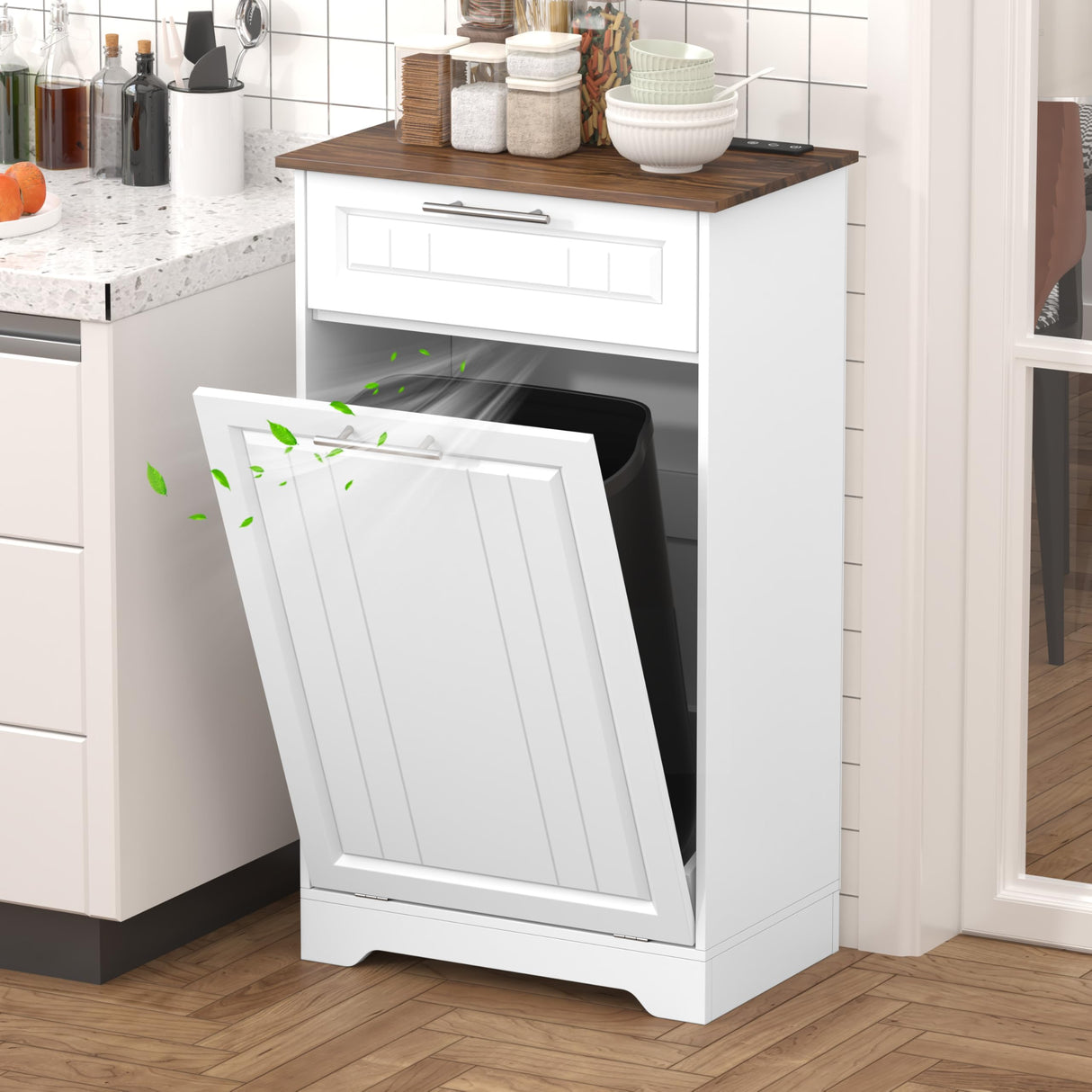 Single 10 Gallon Tilt Out Trash Can Cabinet with Deodorizing Function, Wooden Hidden Garbage Can Holder with Storage Drawers for Kitchen and Dining Room, Laundry Hamper Cabinet for Bathroom, White jmhdyg