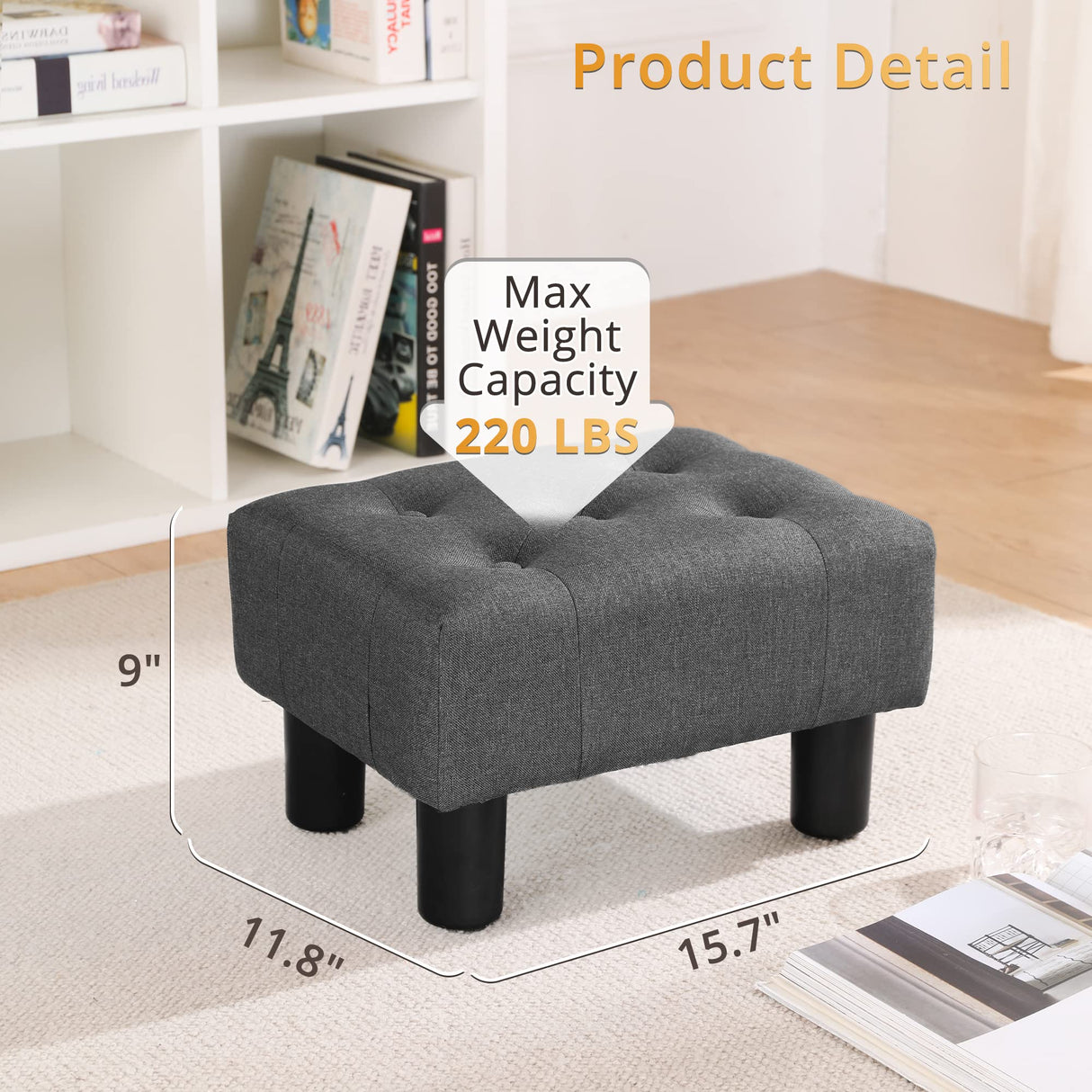 LUE BONA Small Tufted Foot Stool, Fabric Foot Stools Ottoman with Plastic Legs, 9''H, Rectangle Footstool for Adult with Non-Slip Pads, Sofa Foot Rest for Living Room, Couch,Carbon Grey LUE BONA