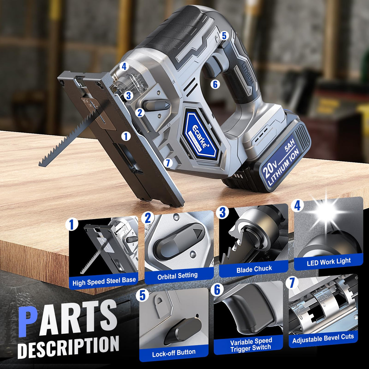 Cordless Jigsaw Tool Compatible with Dewalt 20V Battery, Variable Speed, LED Light, 0°-45° Bevel Cuts, 3-Position Orbital Action, Brushless Motor for Straight Curve Circle Cutting Ecarke