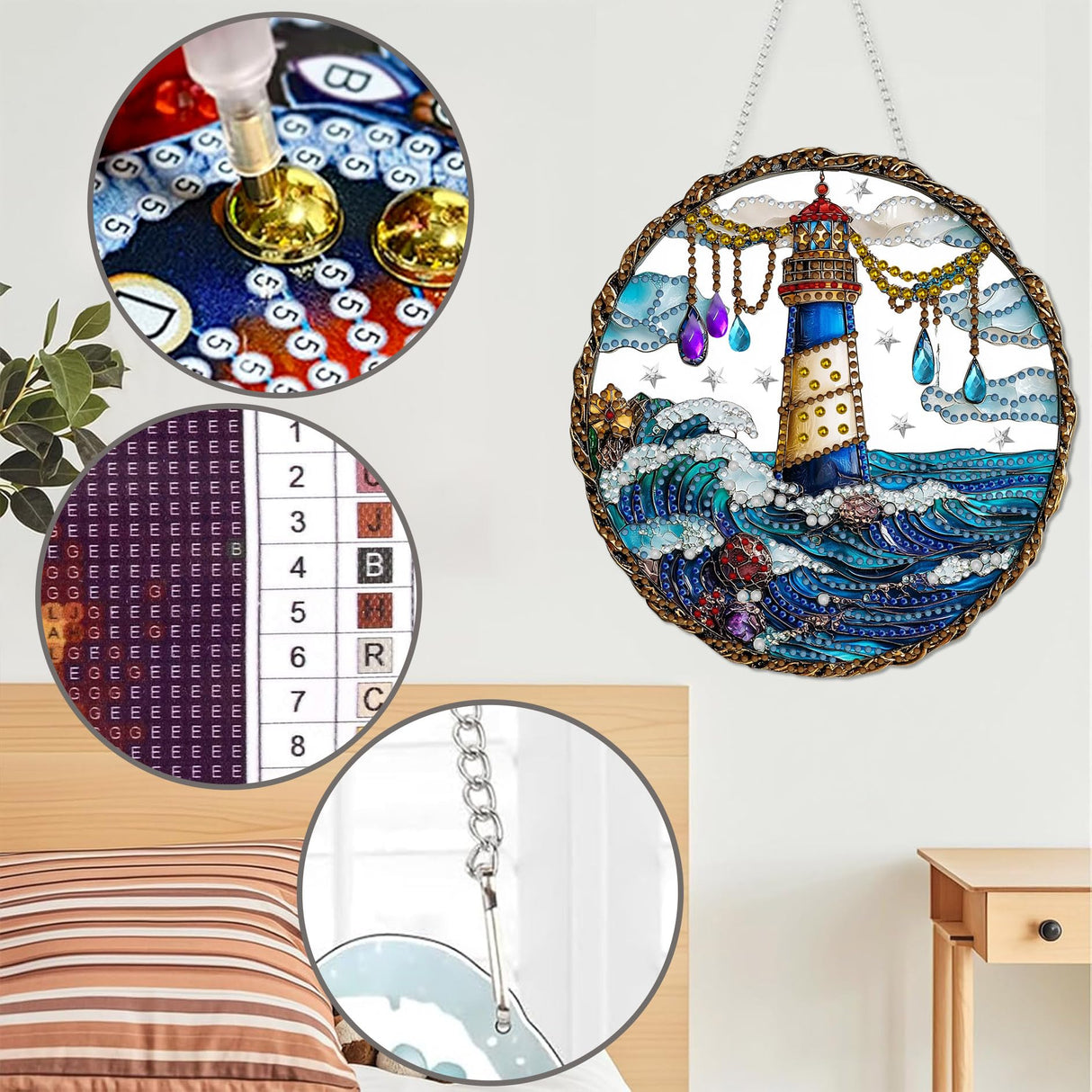 Diymood DIY Hanging Diamond Art Kits for Adults Lighthouse, Diamond Painting Kit Pendant Special Shaped Double Sided Acrylic Sun Catcher Board Wreath Pendants Canvas Window Wall Decor 8 x 8 Inch Diymood