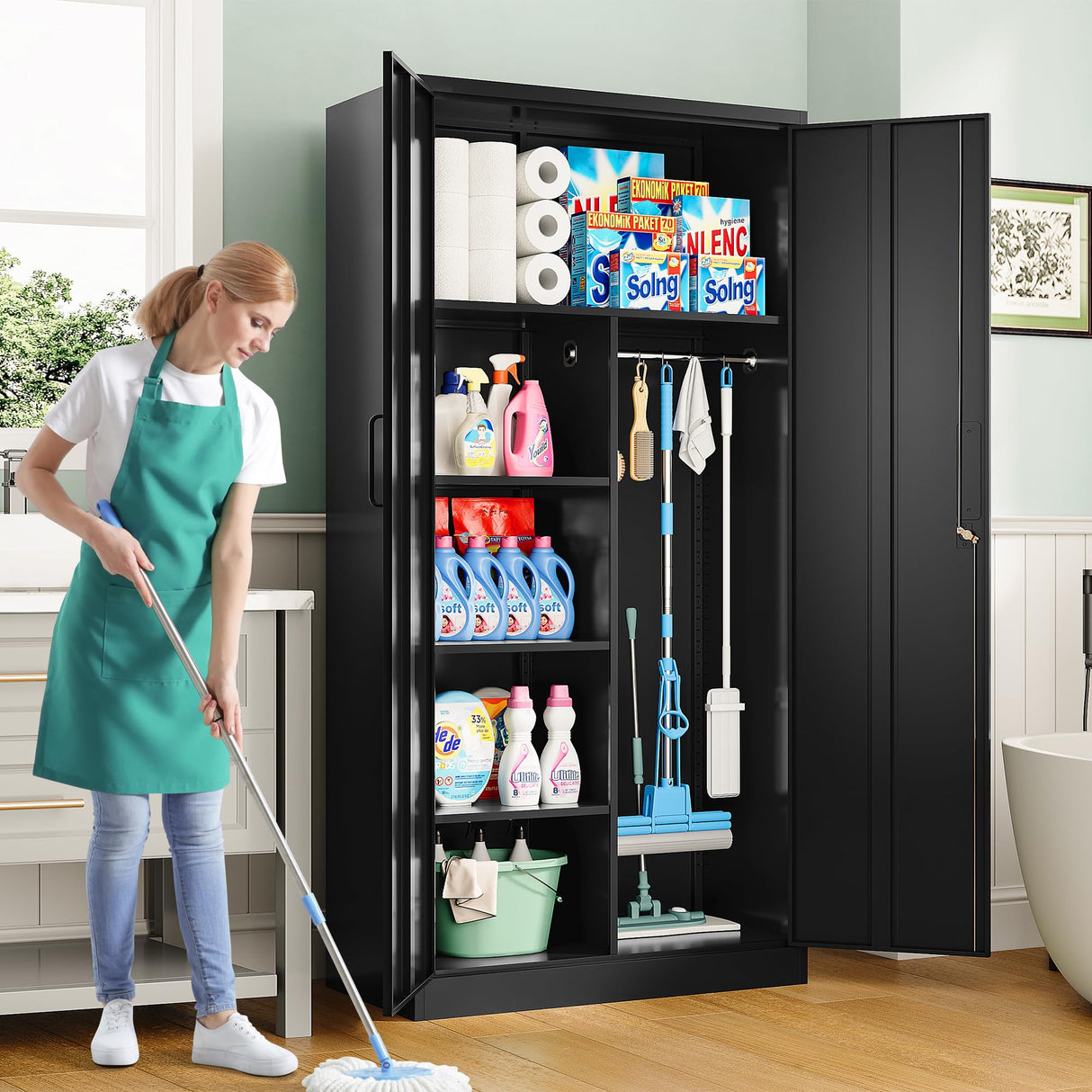Wide & Deep Metal Storage Cabinet with Hanging Rod,Black Broom Closet Storage Cabinet with Lock,72" Tall Wardrobe Cabinets with Doors and Shelves,Locking Steel Tool Cabinets for Home,Office,Garage SISESOL