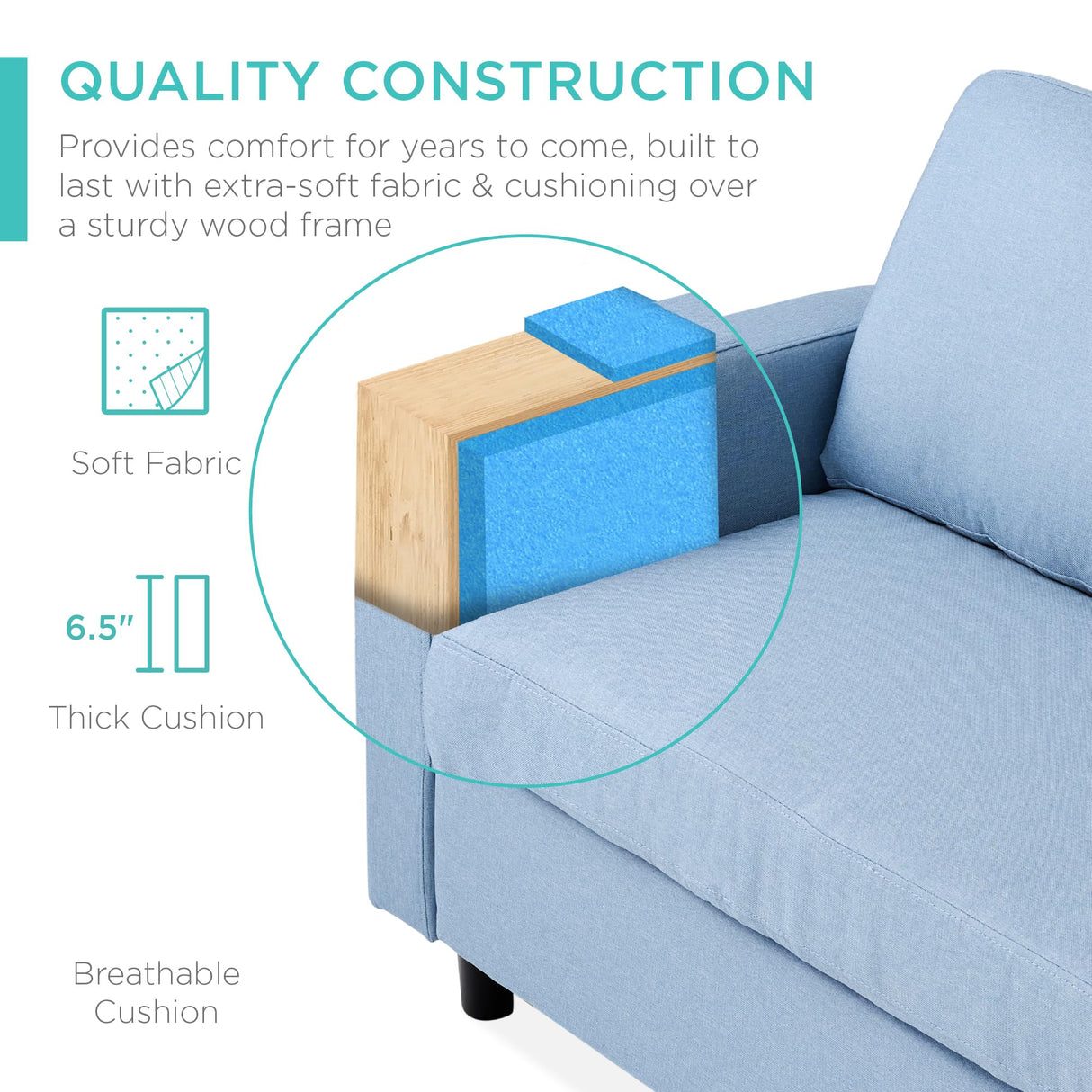 Best Choice Products Upholstered Sectional Sofa for Home, Apartment, Dorm, Bonus Room, Compact Spaces w/Chaise Lounge, 3-Seat, L-Shape Design, Reversible Ottoman Bench, 680lb Capacity - Light Blue Best Choice Products
