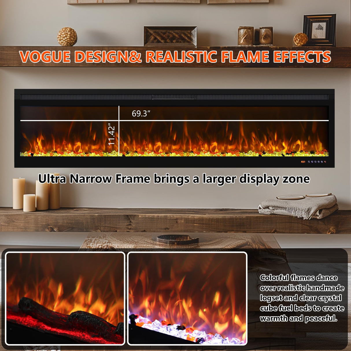 Oxhark Flame Linear Electric Fireplace 72 Inch, APP & Touch Screen & Remote Control, 13X13 Flame Color Combinations, Timer & Thermostat Fireplace Heater Oxhark Flame