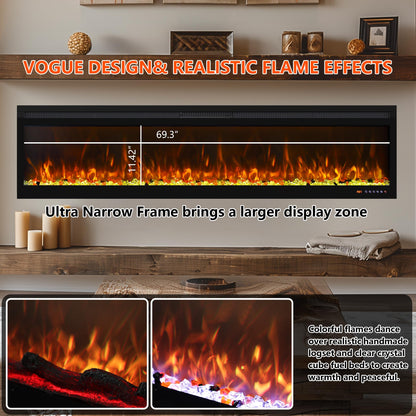 Oxhark Flame Linear Electric Fireplace 72 Inch, APP & Touch Screen & Remote Control, 13X13 Flame Color Combinations, Timer & Thermostat Fireplace Heater