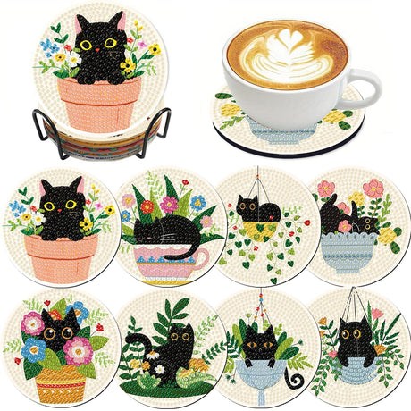 Clendo 8 Pcs Black DIY 5D Small Diamond Painting Coasters Kit with Holder, Flowers DIY Coasters, Arts and Crafts for Adults Clendo