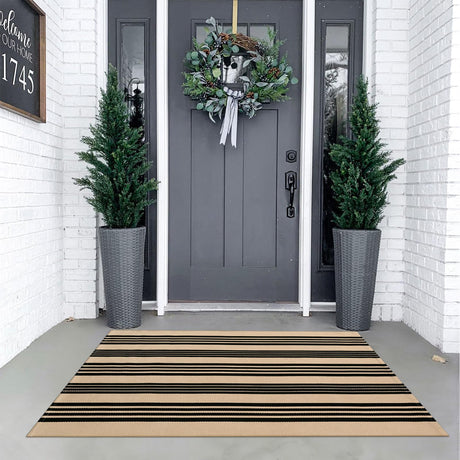 KIMODE Striped Outdoor Rug 3'x 5',Washable Reversible Fall Outdoor Patio Rugs,Cotton Hand Woven Farmhouse Welcome Layered Door Mats for Front Door Entryway Porch Halloween Decor Black and Khaki KIMODE