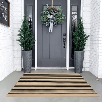KIMODE Striped Outdoor Rug 3'x 5',Washable Reversible Fall Outdoor Patio Rugs,Cotton Hand Woven Farmhouse Welcome Layered Door Mats for Front Door Entryway Porch Halloween Decor Black and Khaki