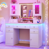 Vanity Desk with Mirror & Lights, 42‘’ Large Makeup Vanity with 2 RGB Jewelry Cabinets & 7 Drawers, White Vanity Table Set with Charging Station, Dressing Table with Lights Desk, 3 Light Modes ALEXNUTRE