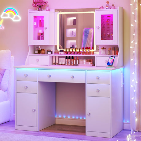 Vanity Desk with Mirror & Lights, 42‘’ Large Makeup Vanity with 2 RGB Jewelry Cabinets & 7 Drawers, White Vanity Table Set with Charging Station, Dressing Table with Lights Desk, 3 Light Modes ALEXNUTRE