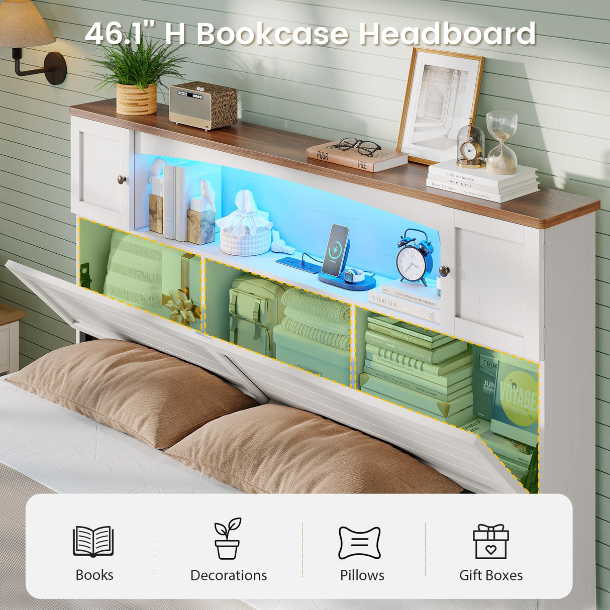 MSmask Farmhouse Queen Bed Frame with Bookcase and Storage Cabinets Headboard, Wood Platform Bed with LED Lights, Charging Station, 4 Drawers, Decoration Footboard, No Box Spring Needed, White MSmask