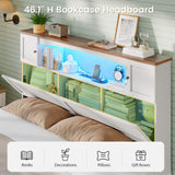 MSmask Farmhouse Queen Bed Frame with Bookcase and Storage Cabinets Headboard, Wood Platform Bed with LED Lights, Charging Station, 4 Drawers, Decoration Footboard, No Box Spring Needed, White MSmask