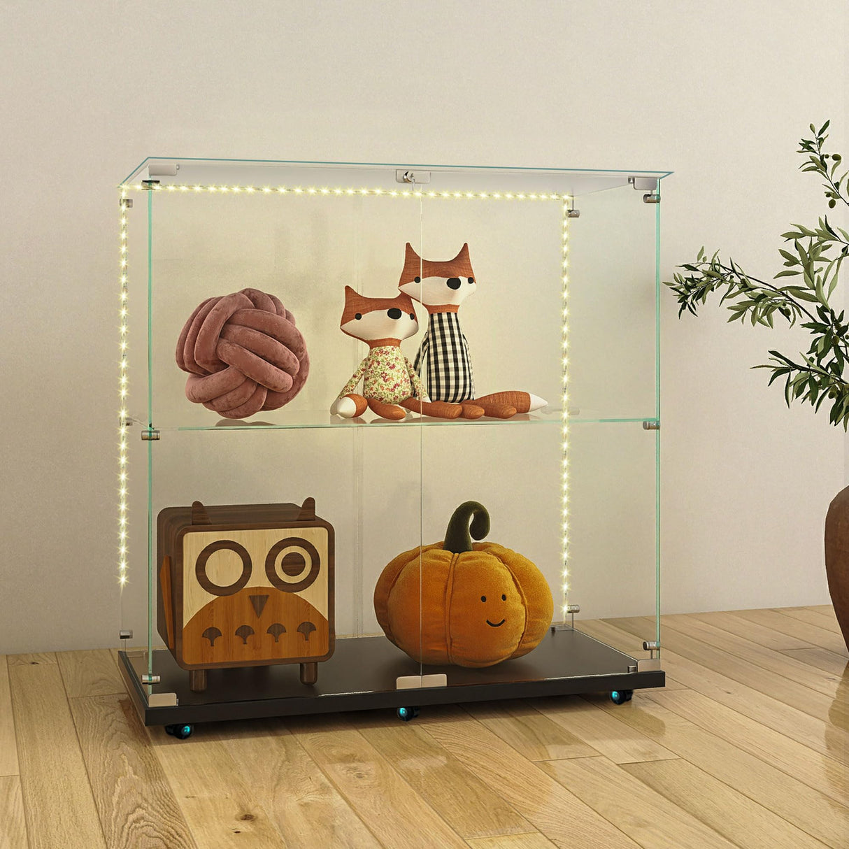 Yoluckea 2 Tiers Glass Display Cabinet with Bluetooth LED Light Strip, 2 Doors Floor Standing Curio Cabinet with Universal Wheel for Home, Black Glass Bookshelf for Collections, Clear Top Yoluckea