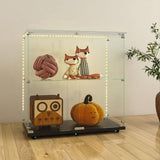 Yoluckea 2 Tiers Glass Display Cabinet with Bluetooth LED Light Strip, 2 Doors Floor Standing Curio Cabinet with Universal Wheel for Home, Black Glass Bookshelf for Collections, Clear Top Yoluckea