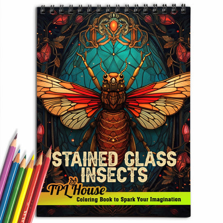 TPLHOUSE Stained Glass Insects Coloring Book Spiral Bound for Teens and Adults, Premium Cover, 30 Glass-Tinted Insects Coloring Pages of Intricate Patterns for Stress Relief and Relaxation TPLHOUSE