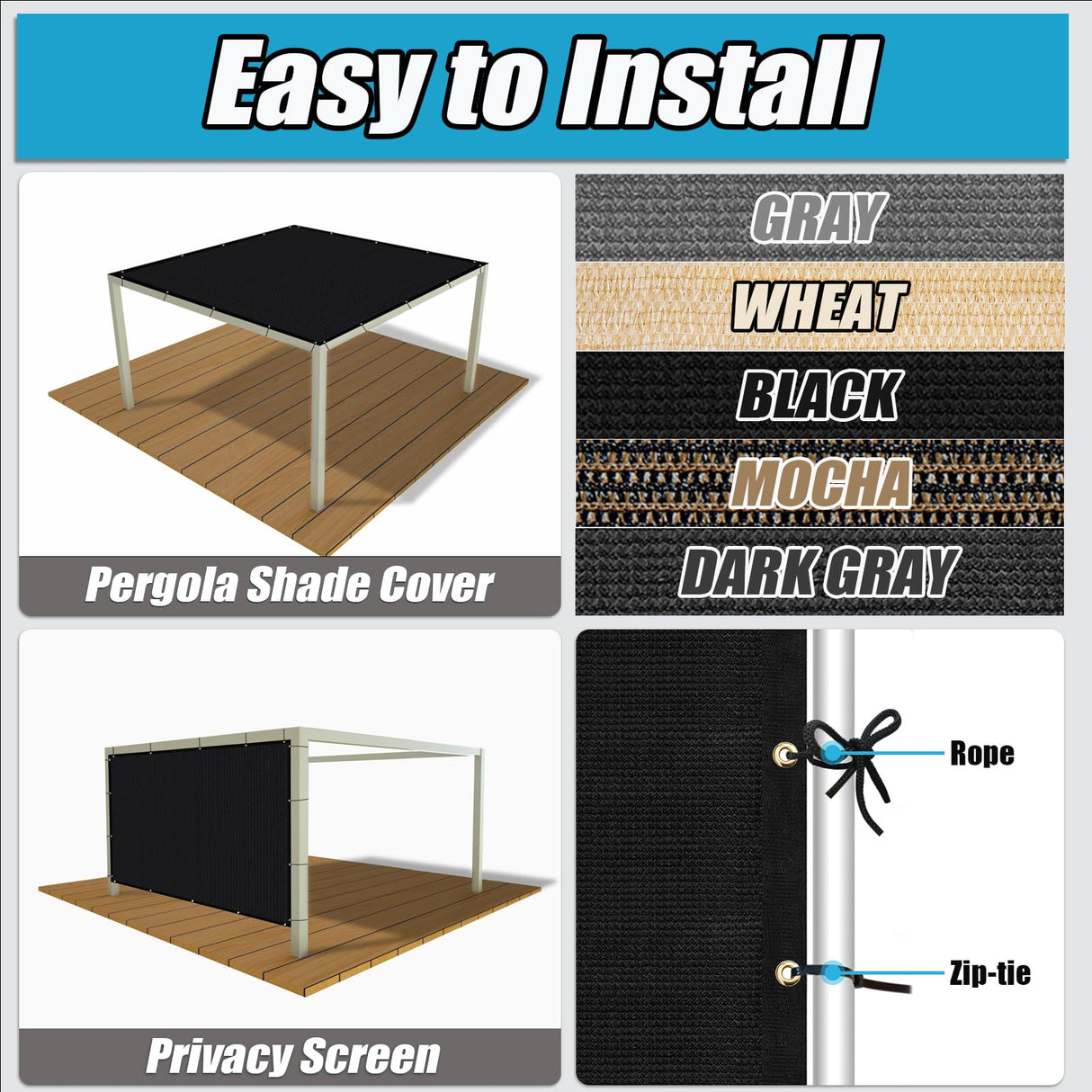 Amagenix 90% Pergola Shade Cover 7'X 20' Black Sun Shade Cloth with Grommets GN07 for Outdoor Garden Patio Porch, Commercial Grade 200 GSM - Cable Zip Ties Included (We Customized) Amagenix