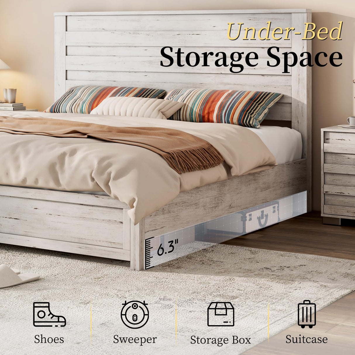 LUXOAK Farmhouse Full Bed Frame with 49" Tall Headboard, Wooden Platform Bed with Hidden Metal Bed Frame, No Box Spring Needed/Noise Free, Distressed White LUXOAK