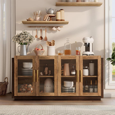 AMERLIFE Sideboard Buffet Cabinet, Mixed Color Accent Cabinet with LED Lights, Modern Glass Doors Storage Cabinet with Adjustable Shelf, Console Table for Dining, Living Room, Barnwood&Brown AMERLIFE