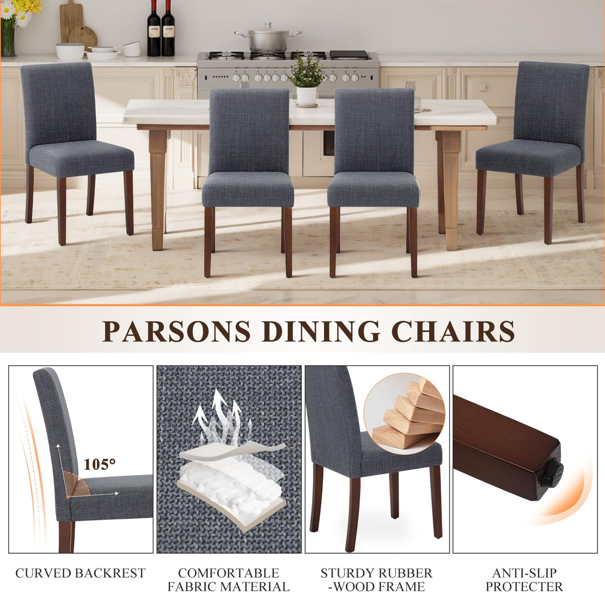 Upholstered Parsons Dining Chairs Set of 4, Modern Dining Room Chairs with Back, Fabric Kitchen Side Chairs with Wood Legs for Dinner Farmhouse Restaurant, Dark Grey MALOL