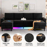 HYZQ Sectional Couches for Living Room, 4 Seat Linen Sectional Sofa with Reversible Chaise Lounge/Storage Ottoman, U Shaped Couch with Smart Module-Wireless Charging/USB/Type-C/RGB Light (Black) HYZQ