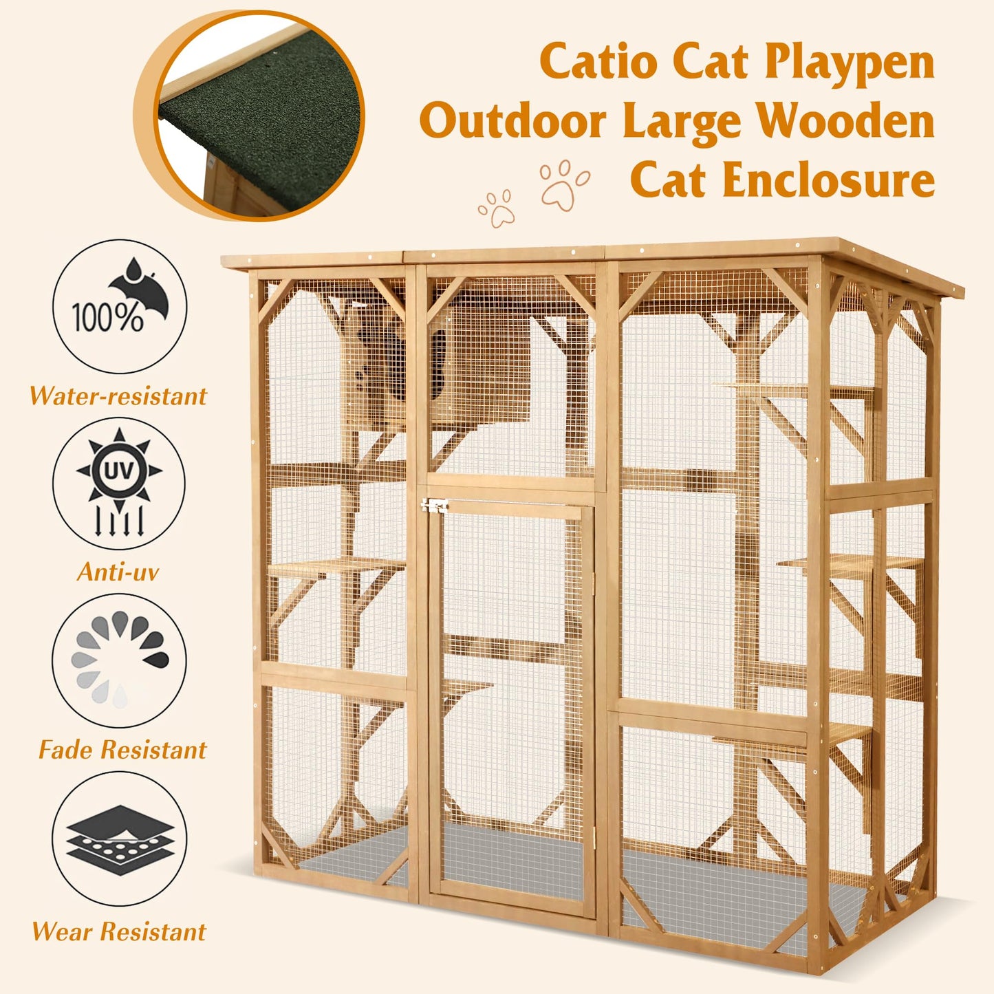 Grepatio Cat Enclosure Large Outdoor Catio Wooden Cat House with Weatherproof, Cat Cage Condo Indoor Playpen with Platform and Small House(Natural)