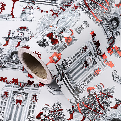 WRAPAHOLIC Vintage Christmas Wrapping Paper - Mini Roll - 17 Inch x 16.5 Feet - Red Foil Watercolor Santa Claus, Snowman and Retro Christmas Scene Design for Xmas Holiday, Party Celebration WRAPAHOLIC