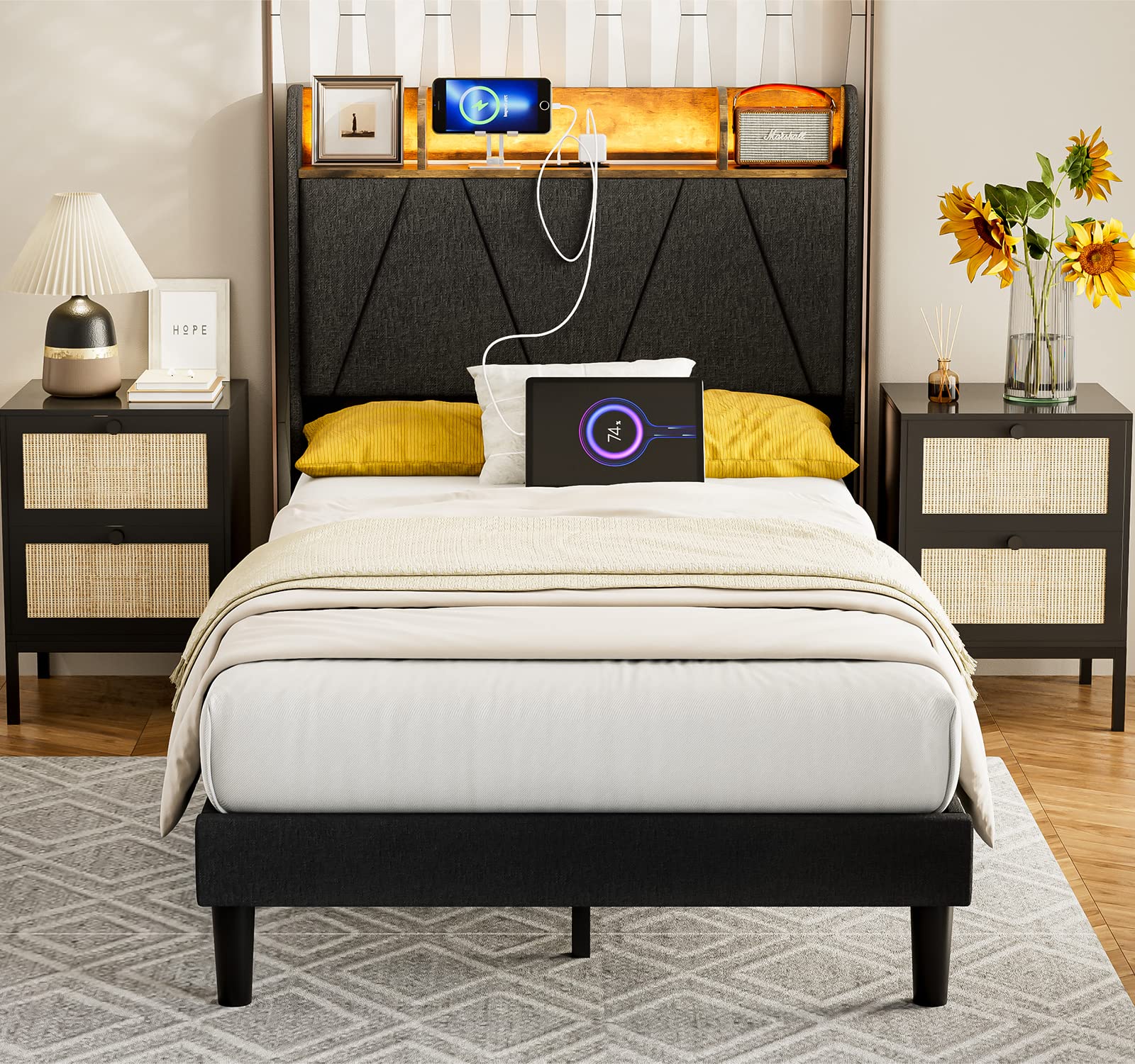 IKIFLY Twin XL Upholstered Bed Frame with LED Lights, Storage Headboard & Charging Station - Black - WoodArtSupply