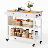 Gizoon Kitchen Island Cart on Wheels with 40'' Wood Tabletop, 2 Open Tiers Spacious Storage Shelves and Towel Rack, Rolling Utility Cart with 3 Side Hooks and 2 Drawer for Dining Room, Bar, White Gizoon