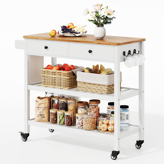 Gizoon Kitchen Island Cart on Wheels with 40'' Wood Tabletop, 2 Open Tiers Spacious Storage Shelves and Towel Rack, Rolling Utility Cart with 3 Side Hooks and 2 Drawer for Dining Room, Bar, White