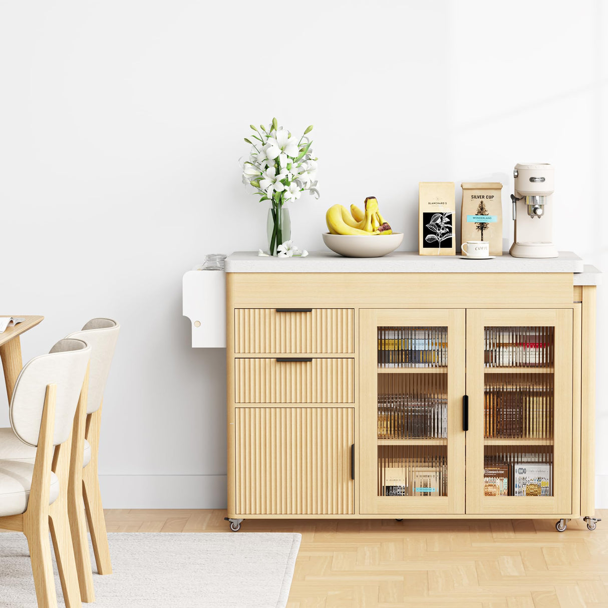 IRONCK 78.7" Kitchen Island with Extendable Dining Table, Rolling Kitchen Cart on Wheels with Quartz Laminate Top, Storage Cabinet, Spice Rack, Shelf & Drawer for Dining Room (Oak) IRONCK