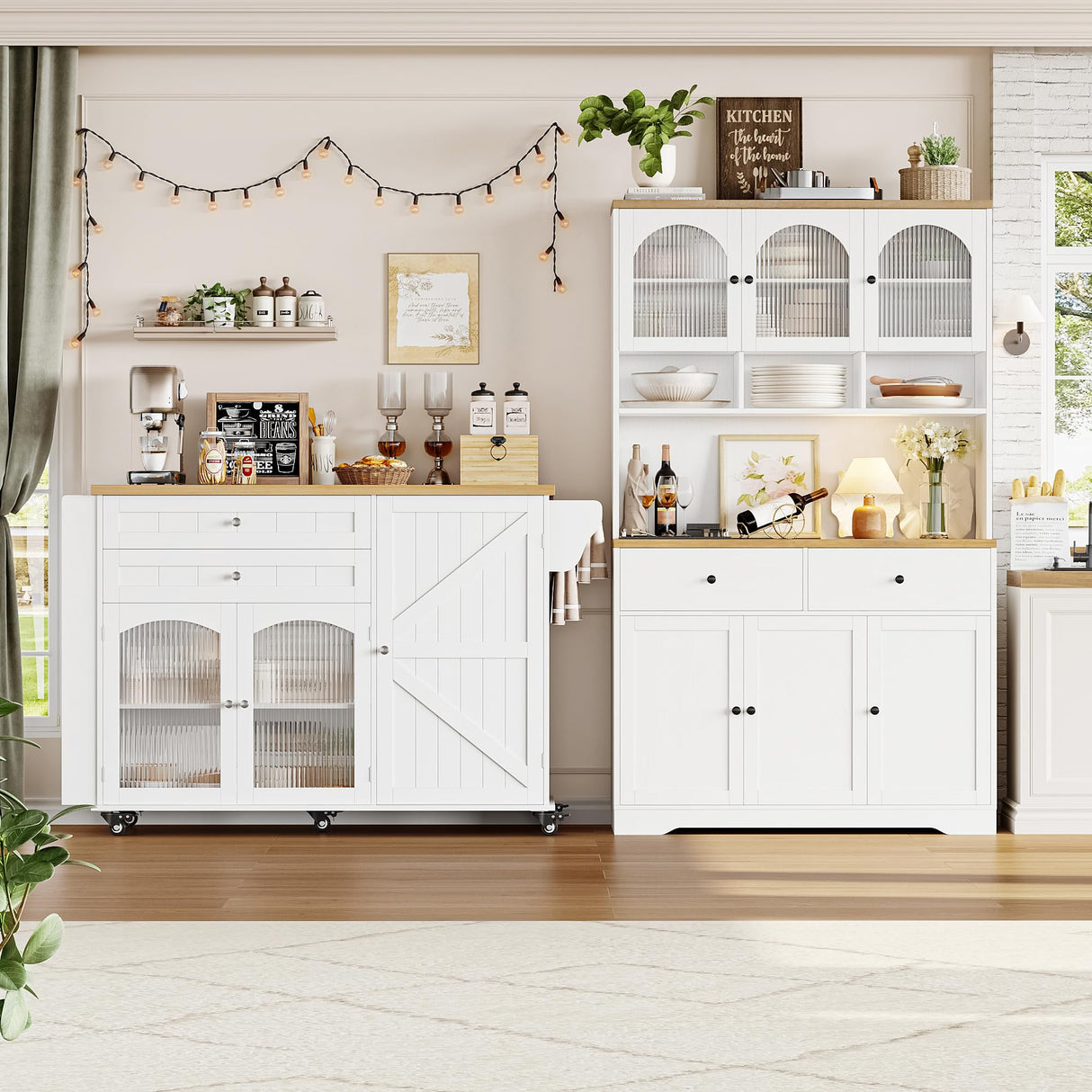 FINETONES Kitchen Island with Storage, Rolling Kitchen Island on Wheels with Wood Drop Leaf Countertop, Island Table Bar Cart with Spice Towel Rack Portable Kitchen Table Kitchen Carts on Wheels FINETONES