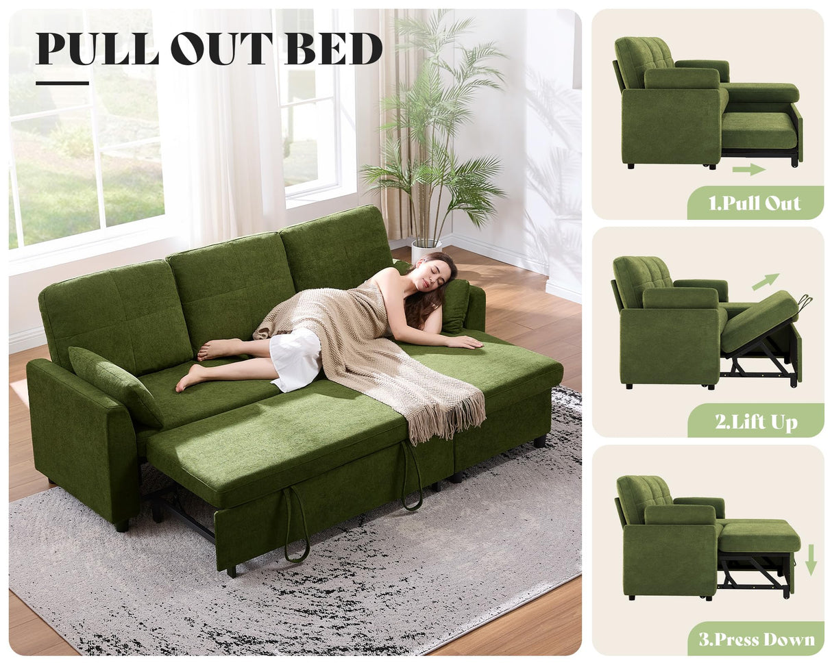 AMEILIFE Sleeper Sofa, Sofa Bed with Storage Chaise, Convertible Sofa Bed with Pull Out Couch, l Shaped Couch for Living Room, Linen Green AMERLIFE