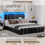 Modern VIAGDO Queen Bed Frame with Bookcase Headboard, LED Lights, Charging Station & Storage Drawers - Black VIAGDO