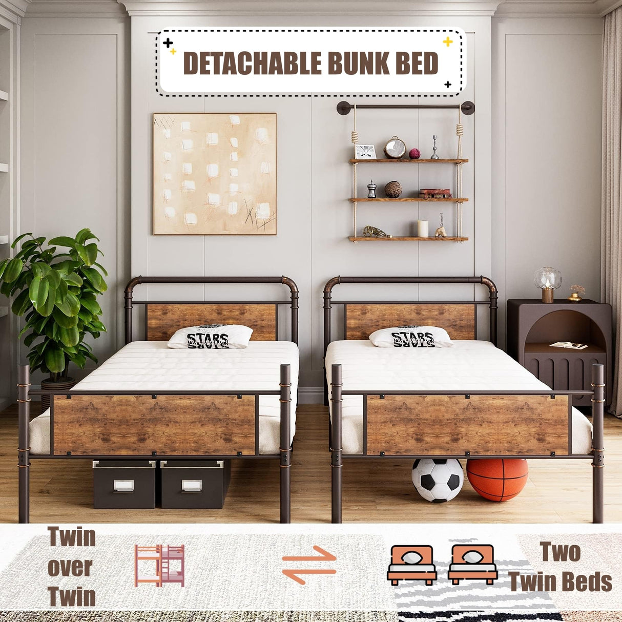 IDEALHOUSE Metal Bunk Bed Twin Over Twin, Twin Bunk Beds, Heavy Duty Twin Size Metal Bunk Bed with High Guardrail & Ladders, Convertible Bunk Beds for Kids Adults, No Box Spring Needed IDEALHOUSE