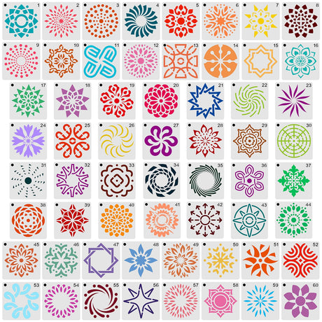 60pcs Mandala Stencils, 2x2 Inch Reusable Mandala Stencils for Painting Mandala Dotting Stencils Crafts Drawing Templates for Rocks Wood Canvas Fabric Art Projects BOXOB