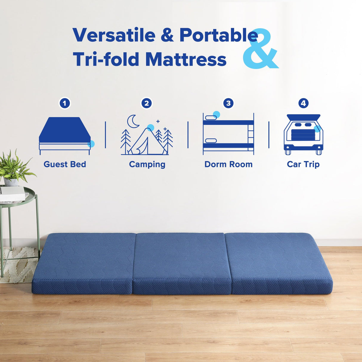 Olee Sleep Tri-Folding Memory Foam Mattress Topper, 4 Inch Gel Folding Mattress for Camping, Foldable Guest Bed, Washable Cover, CertiPUR-US Certified, Soft, Blue, Single Size Olee Sleep