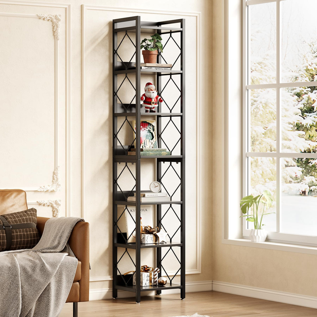 LITTLE TREE Corner Book Shelf, 7-Tier Tall Bookcase, 78" Display Shelves with Sturdy Metal Frame for Living Room, Modern Narrow Standing Bookshelves, Black Office Shelf for Small Spaces, Bedroom LITTLE TREE