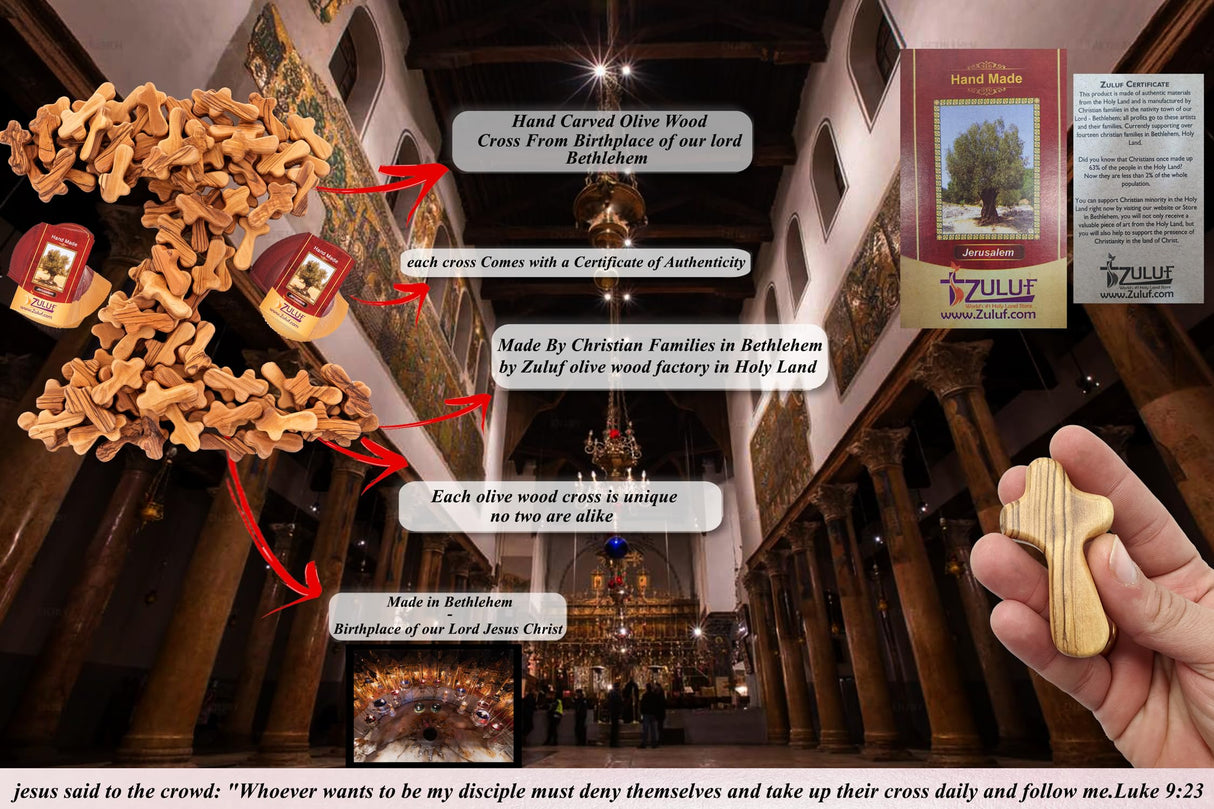 Zuluf 100 Small Olive Wood Comfort Crosses from Bethlehem Israel | Pocket Holding Crosses | Comes With 100 Holy Land Certificates 6cm / 2.5 Inch Each Cross - CRS301 Zuluf