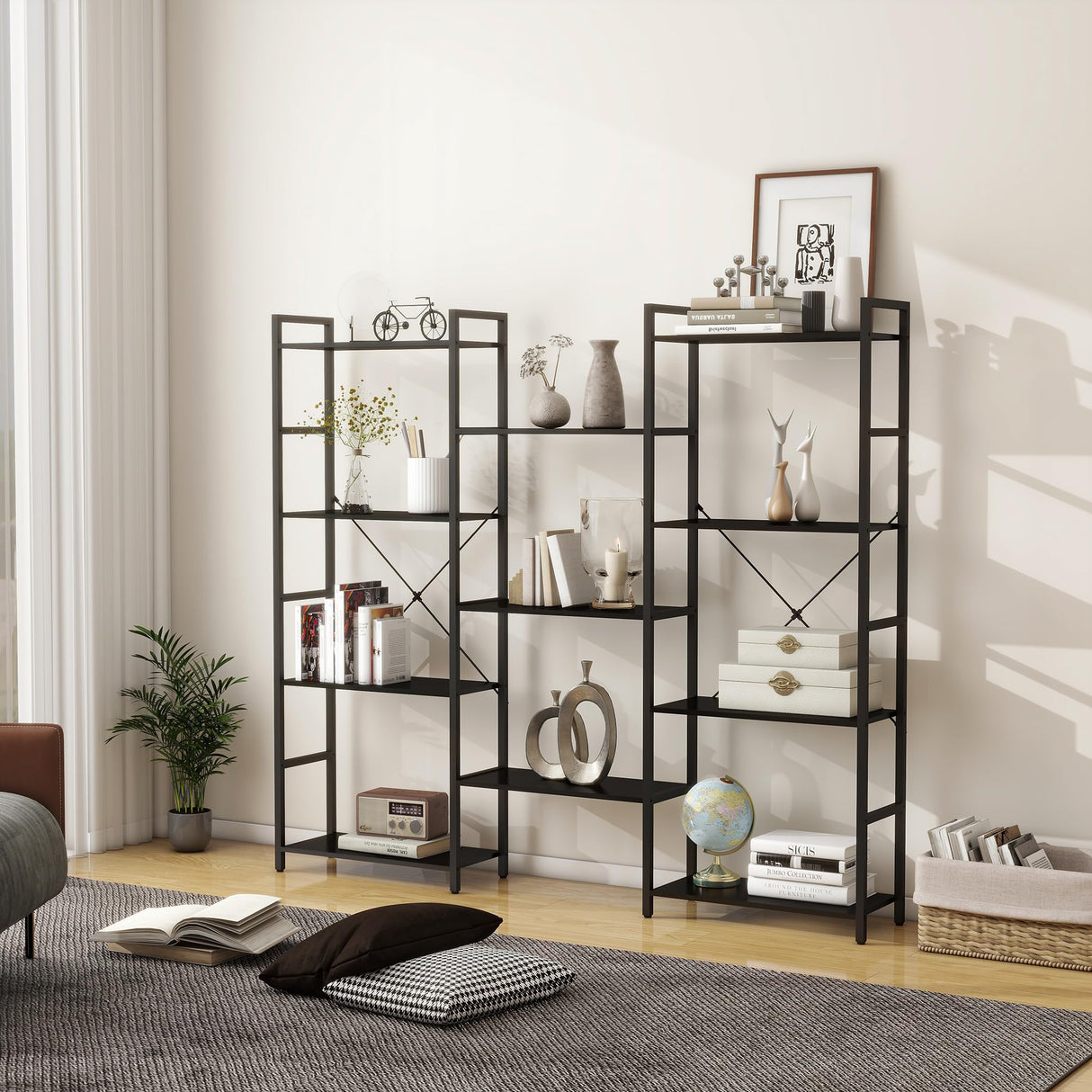 Panana Industrial 4-Tier Bookshelf with 11 Open Shelves and Metal Frame - Black Panana