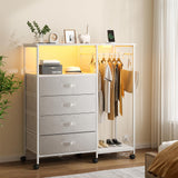Seeday Fabric Dresser with Clothes Rack, 4 Drawers Dresser for Bedroom with Charging Station and LED Lights, Chest of Drawers with Wheels, Steel Frame, Wood Top, for Bedroom, Closet, White Seeday