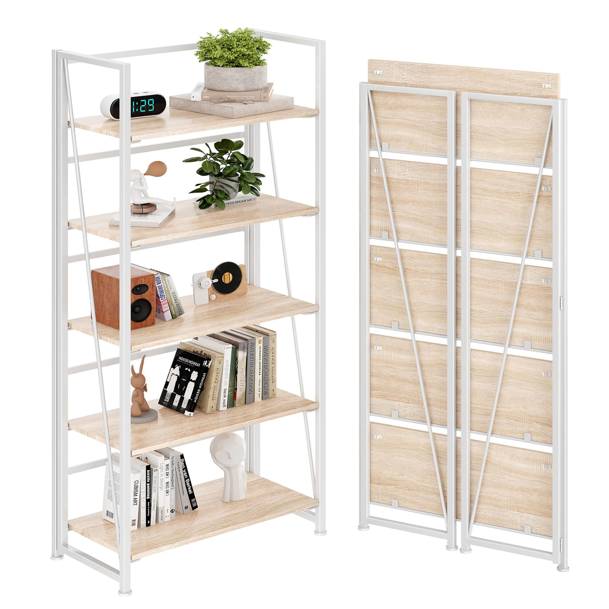 BHG Vintage Multifunctional Folding Bookshelf, No-Assembly Plant Stand Storage Rack Shelves for Home Office (White, 5-Tier) BHG
