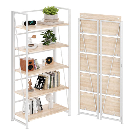 BHG Vintage Multifunctional Folding Bookshelf, No-Assembly Plant Stand Storage Rack Shelves for Home Office (White, 5-Tier) BHG