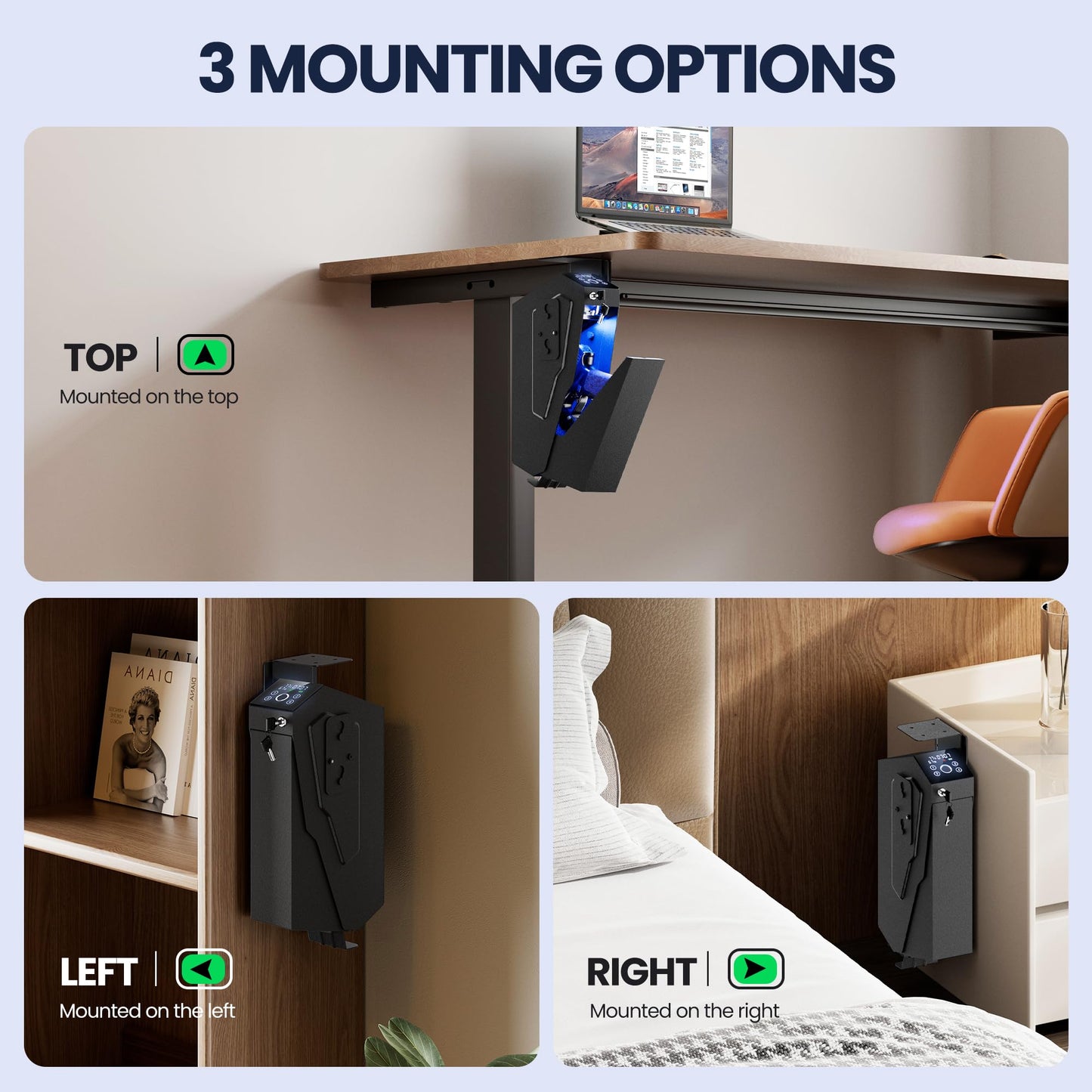 KornerBatl Quick Access Biometric Gun Safe for handgun, 2 in 1 Pistol Bedside Gun Safe, Mounted Drop Down Nightstand Pistol Safe with Fingerprint & Passcode & Key 3 Ways