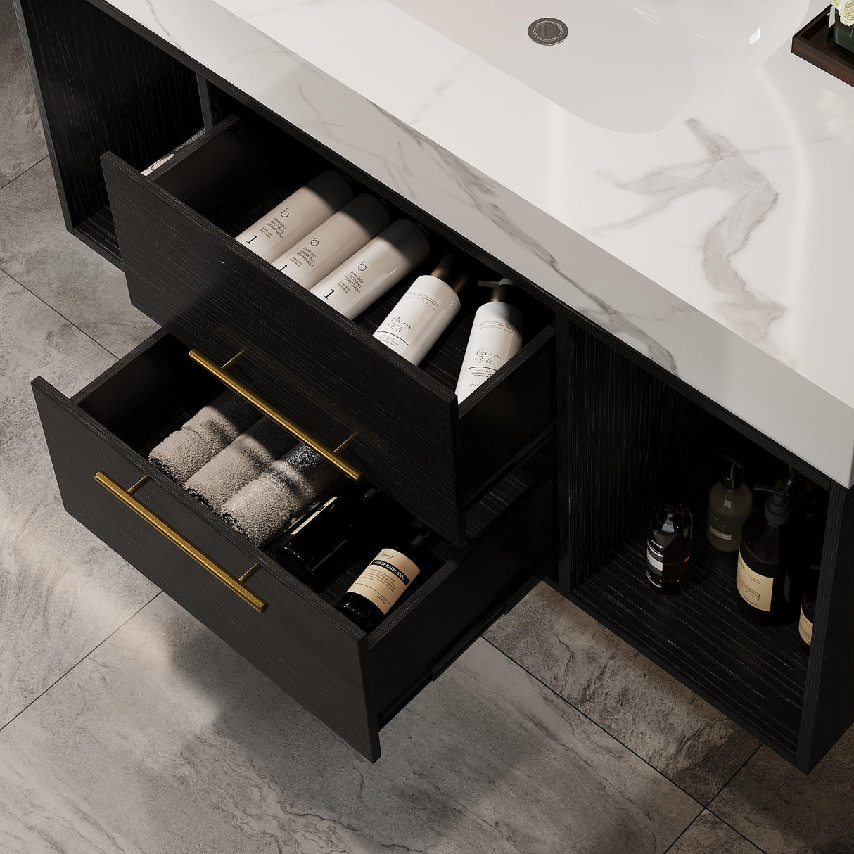 GAFFERIT 39.4" Bathroom Vanities with Ceramic Sink,Floating Bathroom Vanity,Wall Mounted Storage Cabinet with 2 Drawers and 2 Storage Spaces,Modern Bathroom Sink Cabinet with Metal Handles (Black) GAFFERIT