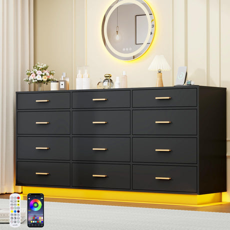 12 Drawers Dresser W/Power Outlets for Bedroom, 63inch Drawer Dressers W/6000 Colors Lights, Wood Tall Dresser Storage Organizer,Black Chest of Drawers for Closet, Hallway, Entryway, Living Room jiteentarou