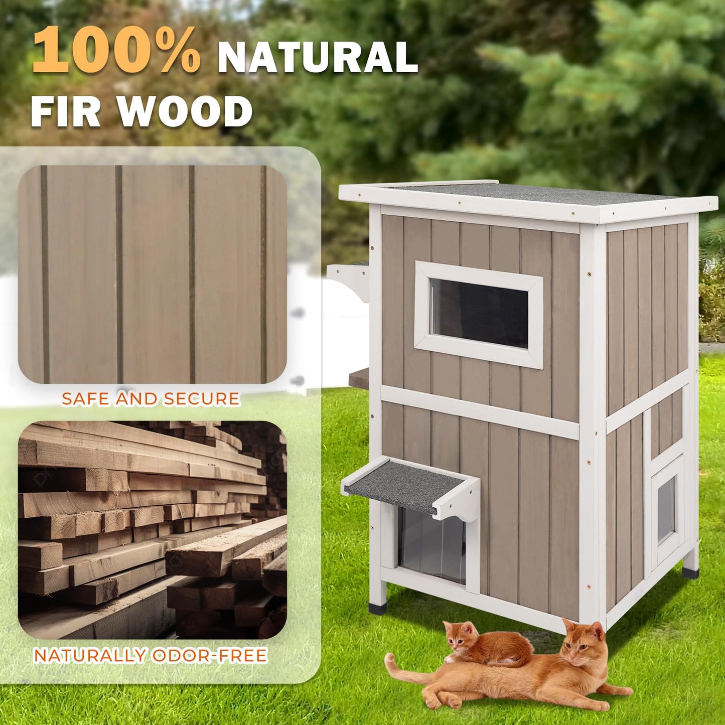 Ketive Outdoor Cat House Weatherproof 2-Story Feral Cat Shelter for Outdoor with Asphalt Roof, Viewing Windows, Escape Doors, and PVC Curtains – Insulated Fir Wood Cat House for Indoor/Outdoor Use