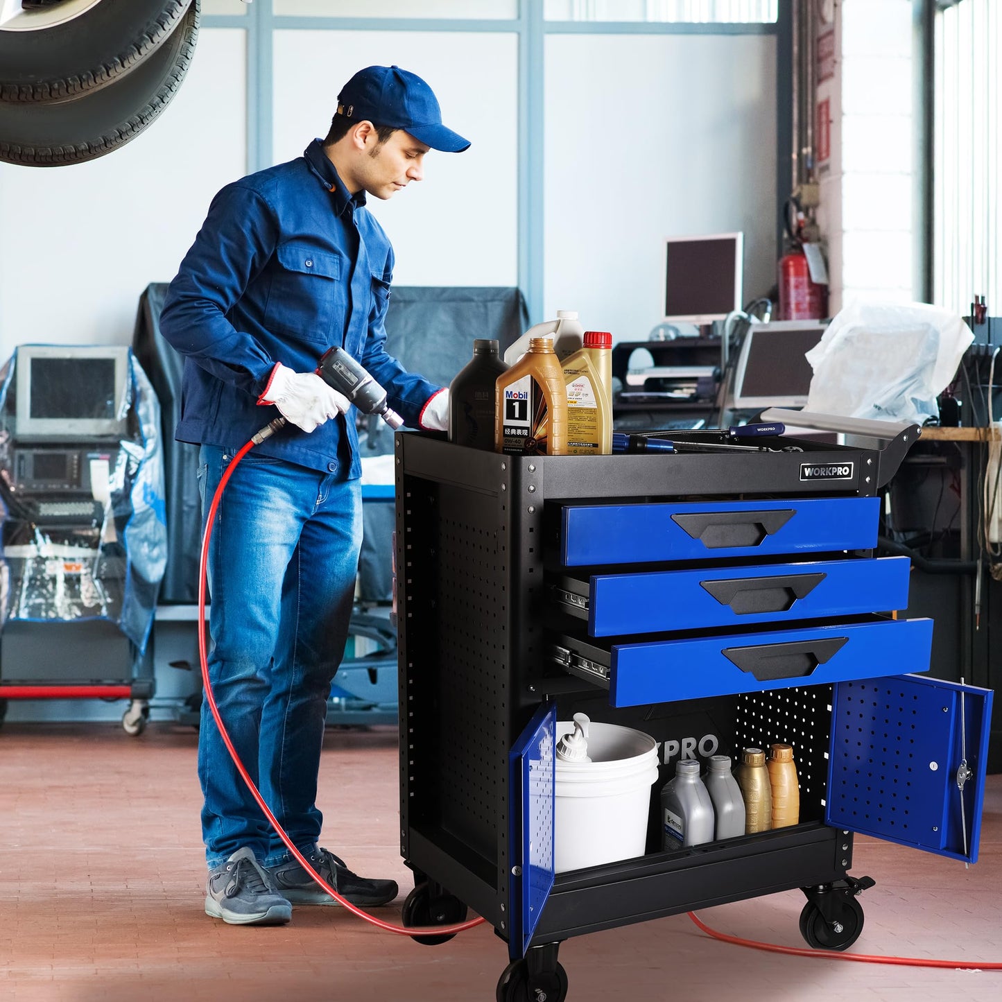 WORKPRO 27.5 Inch 3-Drawer Rolling Tool Chest with Wheels, Portable Steel Tool Cabinets with Drawers, Liners and Locking System for Warehouse, Garage, Black and Blue