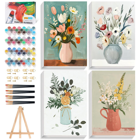 4 Pack Framed Paint by Numbers Kit for Adults with Wooden Easel, Flowers Easy Paint by Number Kits with Frame, DIY Acrylic Watercolor Adult Paint by Number Kits on Canvas for Home Decor 8x12 Inch PRASIO