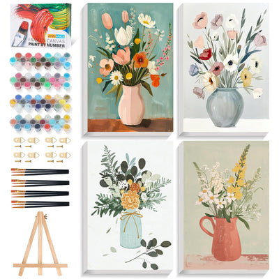 4 Pack Framed Paint by Numbers Kit for Adults with Wooden Easel, Flowers Easy Paint by Number Kits with Frame, DIY Acrylic Watercolor Adult Paint by Number Kits on Canvas for Home Decor 8x12 Inch