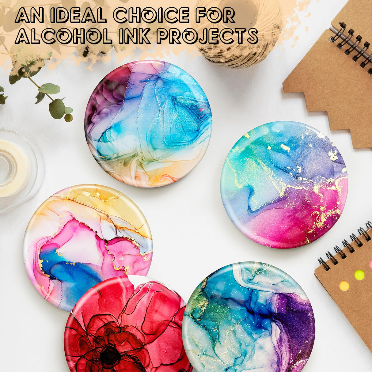 Ceramic Tiles for Crafts, GOH DODD 24 Pack Glossy Glazed Blanks White Coasters with Unglazed Side and 24 Cork Backing Pads for Alcohol Ink, Painting, Sublimation, Heat Transfer, Round, 4 Inch GOH DODD